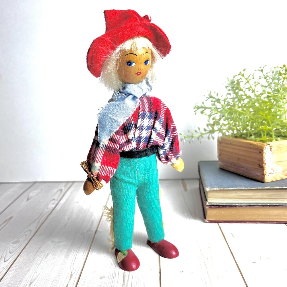 Vintage Hand Painted Wooden Peg Doll Made in Poland Folk Art Western Cowgirl